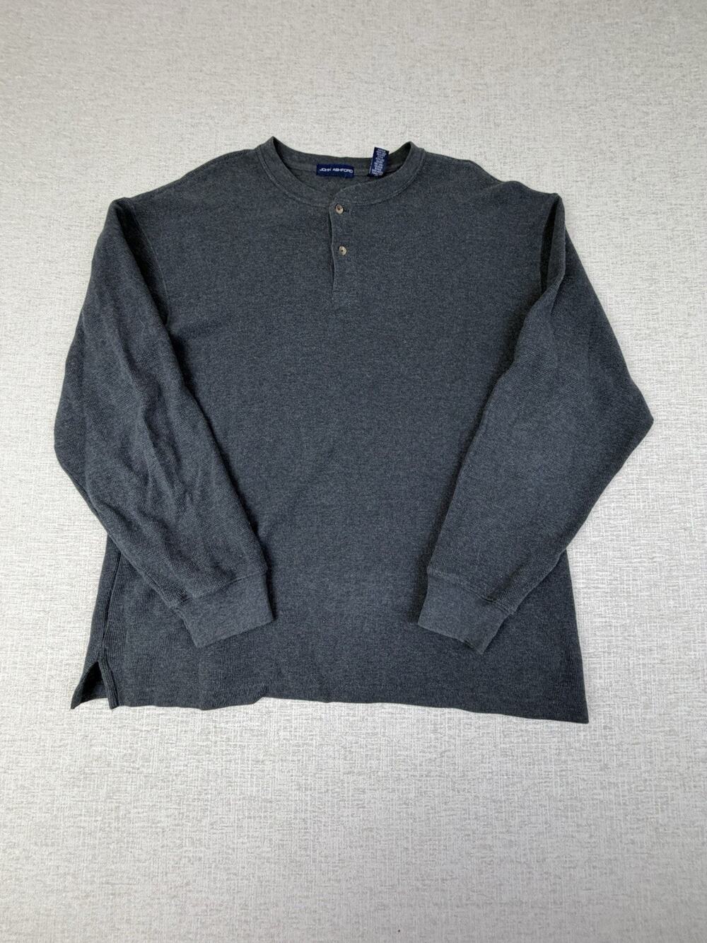 John Ashford Mens Large Gray Thermal Henley Shirt Waffle Knit Long Sleeve Cotton